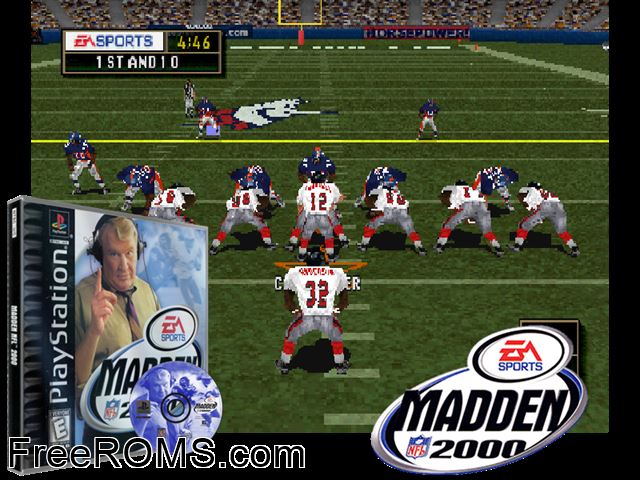 Madden NFL 2000 PSX game showing 3D box cover and gameplay screenshot