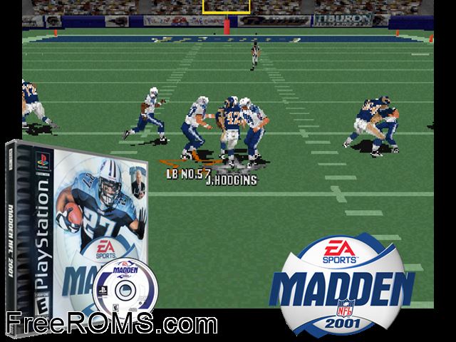 Madden NFL 2001 PSX game showing 3D box cover and gameplay screenshot