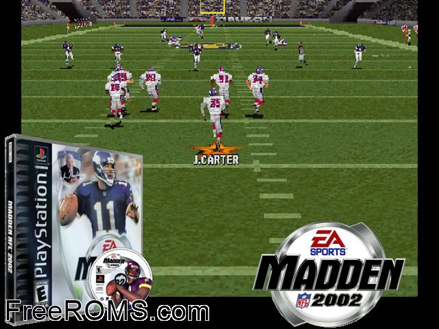 Madden NFL 2002 PSX game showing 3D box cover and gameplay screenshot