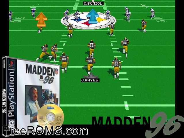 Madden NFL 96 PSX game showing 3D box cover and gameplay screenshot