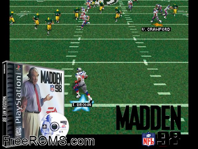 Madden NFL 98 PSX game showing 3D box cover and gameplay screenshot