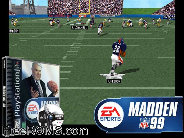 Madden NFL 99 PSX game showing 3D box cover and gameplay screenshot
