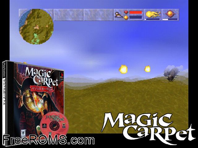 Magic Carpet PSX game showing 3D box cover and gameplay screenshot