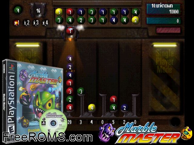Marble Master PSX game showing 3D box cover and gameplay screenshot