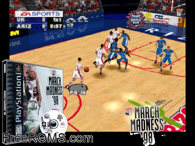 March Madness 98 PSX game showing 3D box cover and gameplay screenshot