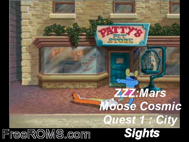 Mars Moose Cosmic Quest 1 - City Sights PSX game showing 3D box cover and gameplay screenshot