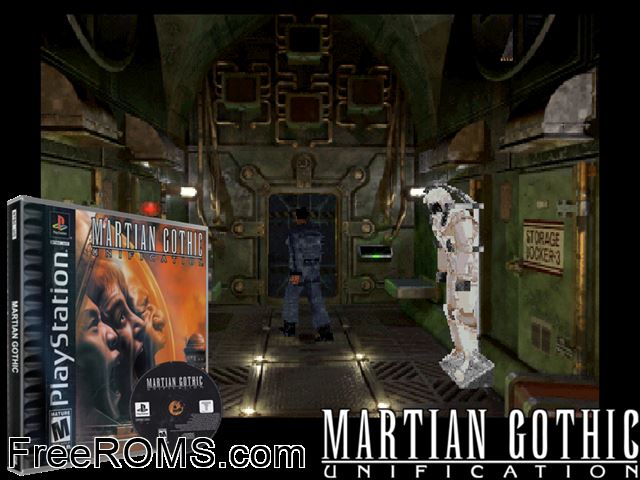 Martian Gothic - Unification PSX game showing 3D box cover and gameplay screenshot