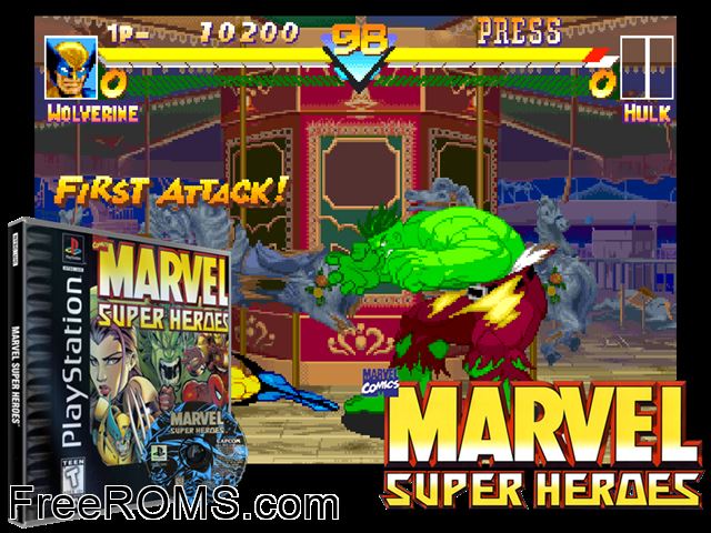 Marvel Super Heroes PSX game showing 3D box cover and gameplay screenshot