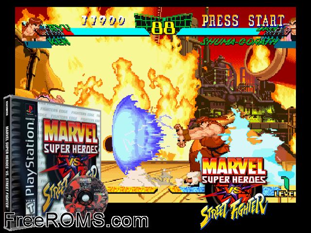 Marvel Super Heroes VS Street Fighter PSX game showing 3D box cover and gameplay screenshot