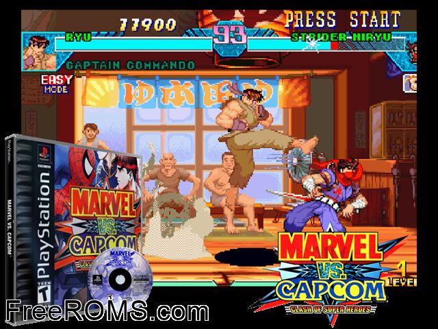 Marvel Vs. Capcom - Clash Of Super Heroes PSX game showing 3D box cover and gameplay screenshot