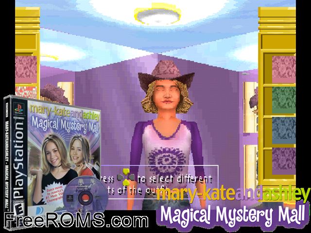 Mary-Kate And Ashley - Magical Mystery Mall PSX game showing 3D box cover and gameplay screenshot