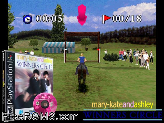 Mary-Kate and Ashley Winner's Circle PSX game showing 3D box cover and gameplay screenshot