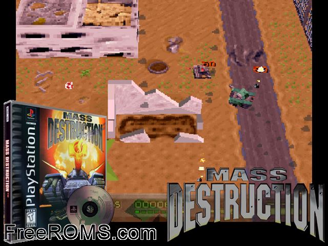 Mass Destruction PSX game showing 3D box cover and gameplay screenshot