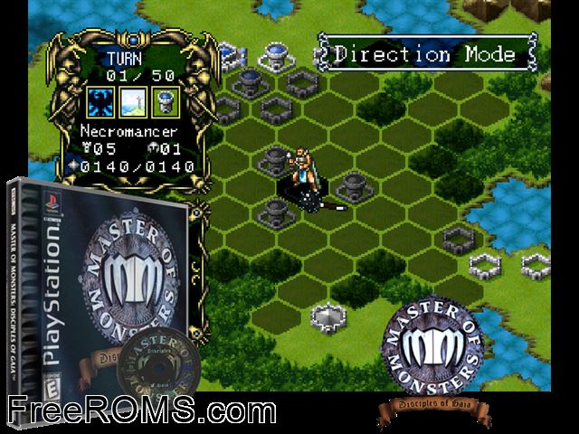 Masters of Monsters - Diciples of Gaia PSX game showing 3D box cover and gameplay screenshot