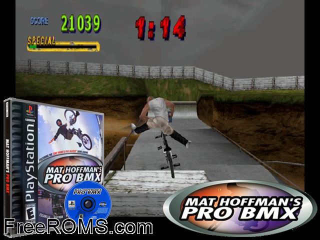 Mat Hoffmans Pro BMX PSX game showing 3D box cover and gameplay screenshot