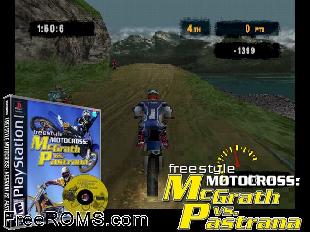 McGrath vs. Pastrana Freestyle Motocross PSX game showing 3D box cover and gameplay screenshot