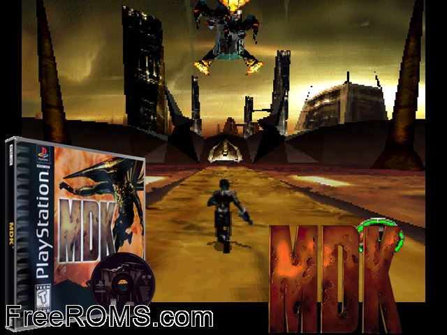 MDK PSX game showing 3D box cover and gameplay screenshot