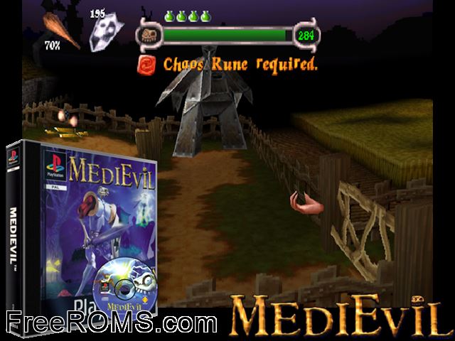 MediEvil PSX game showing 3D box cover and gameplay screenshot