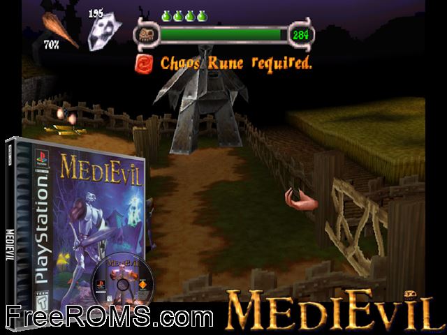 MediEvil (Demo) PSX game showing 3D box cover and gameplay screenshot
