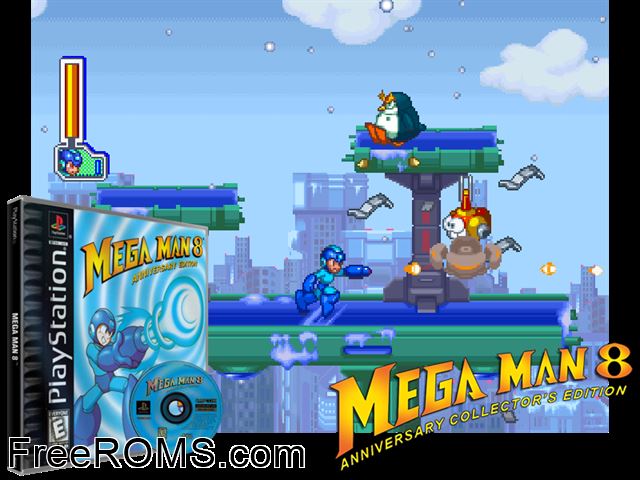 Mega Man 8 PSX game showing 3D box cover and gameplay screenshot