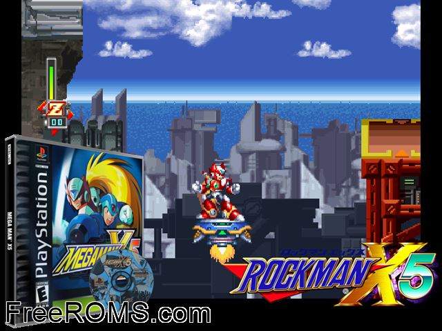 Mega Man X5 PSX game showing 3D box cover and gameplay screenshot