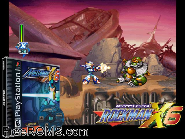 Mega Man X6 PSX game showing 3D box cover and gameplay screenshot