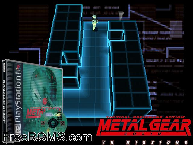 Metal Gear Solid - VR Missions PSX game showing 3D box cover and gameplay screenshot