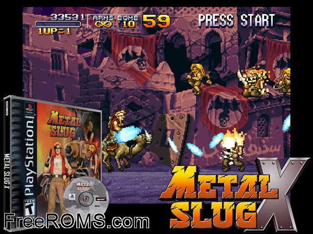 Metal Slug X - Super Vehicle-001 PSX game showing 3D box cover and gameplay screenshot