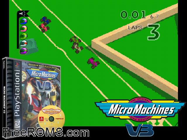Micro Machines V3 PSX game showing 3D box cover and gameplay screenshot