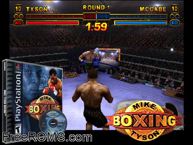 Mike Tyson Boxing PSX game showing 3D box cover and gameplay screenshot