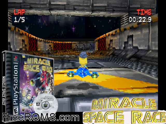 Miracle Space Race PSX game showing 3D box cover and gameplay screenshot