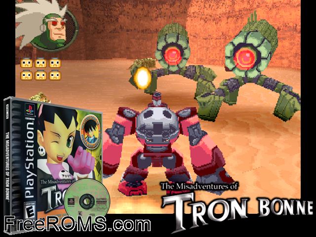 Misadventures of Tron Bonne; The PSX game showing 3D box cover and gameplay screenshot