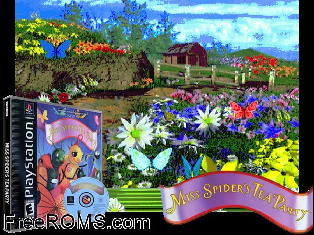 Miss Spiders Tea Party PSX game showing 3D box cover and gameplay screenshot