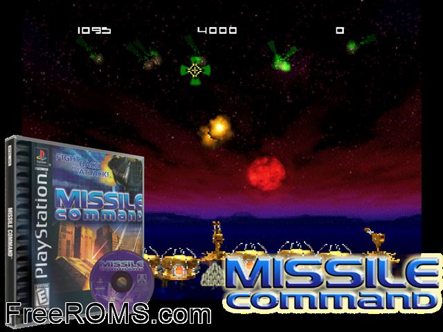 Missile Command PSX game showing 3D box cover and gameplay screenshot