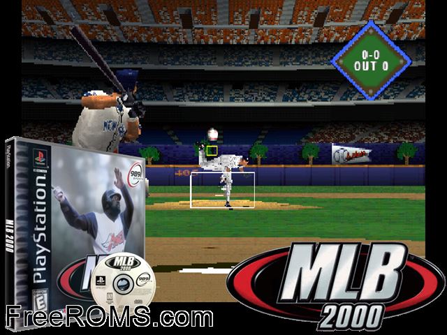 MLB 2000 PSX game showing 3D box cover and gameplay screenshot