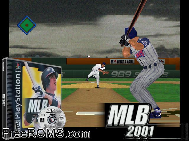 MLB 2001 PSX game showing 3D box cover and gameplay screenshot