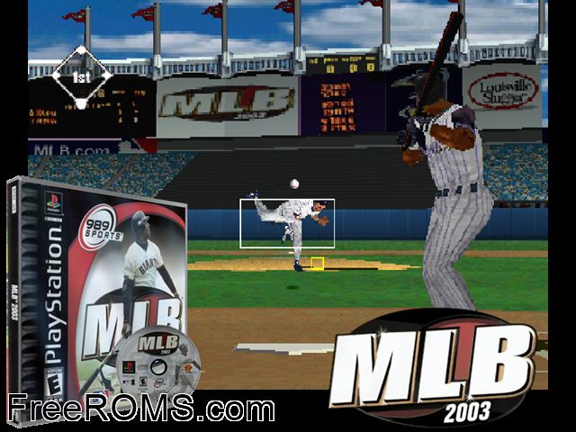 MLB 2003 PSX game showing 3D box cover and gameplay screenshot