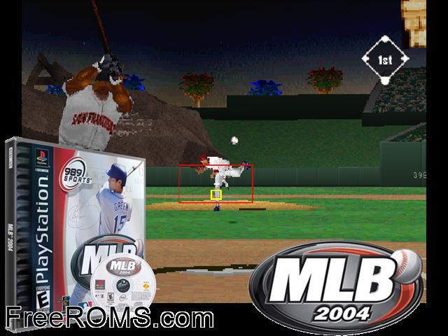 MLB 2004 PSX game showing 3D box cover and gameplay screenshot
