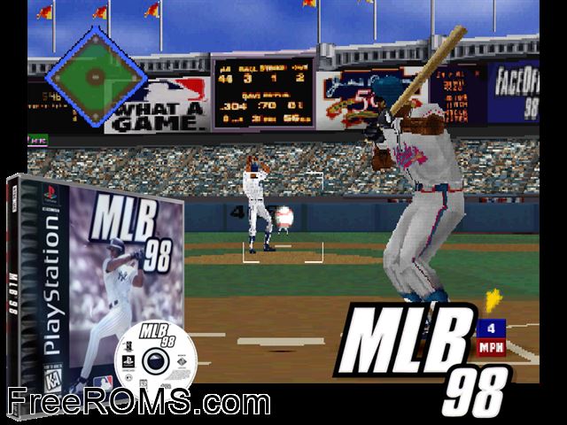 MLB '98 PSX game showing 3D box cover and gameplay screenshot