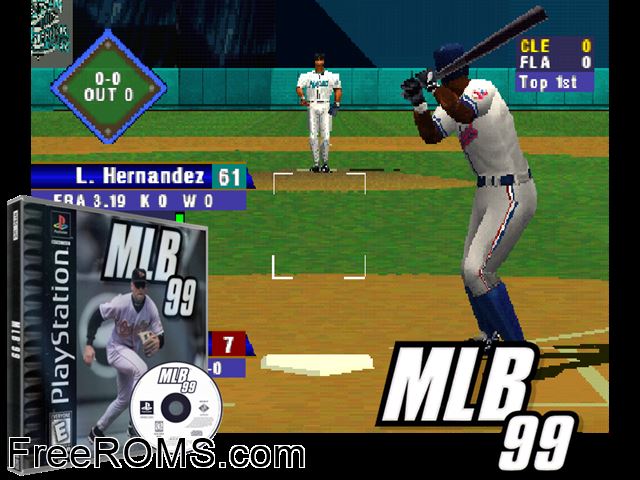MLB '99 PSX game showing 3D box cover and gameplay screenshot