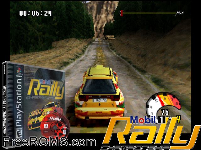 Mobil 1 Rally Championship PSX game showing 3D box cover and gameplay screenshot