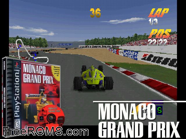 Monaco Grand Prix PSX game showing 3D box cover and gameplay screenshot