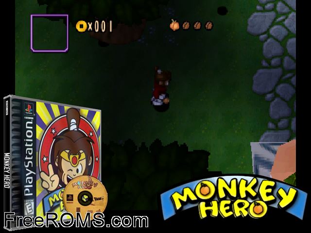 Monkey Hero PSX game showing 3D box cover and gameplay screenshot