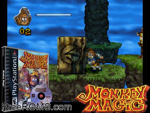 Monkey Magic PSX game showing 3D box cover and gameplay screenshot