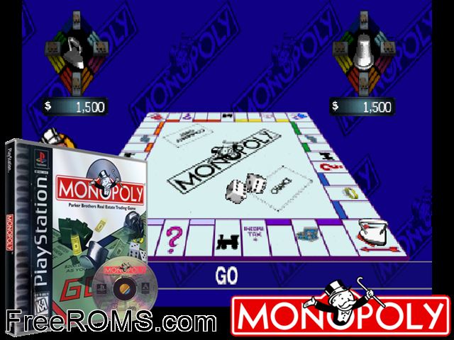 Monopoly PSX game showing 3D box cover and gameplay screenshot