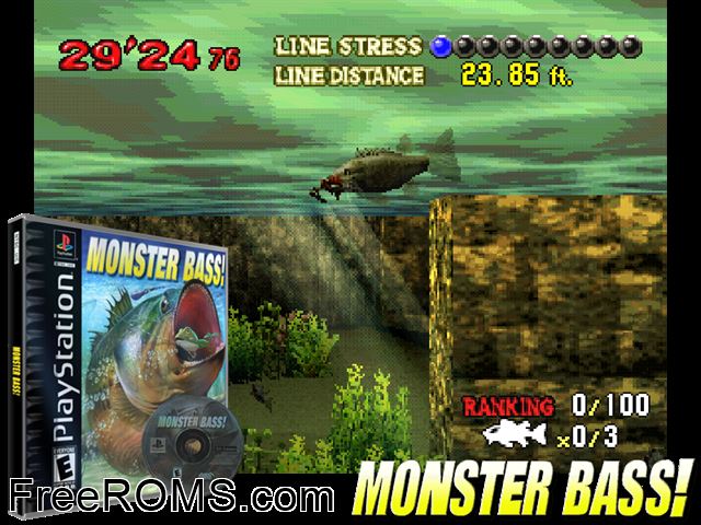 Monster Bass PSX game showing 3D box cover and gameplay screenshot