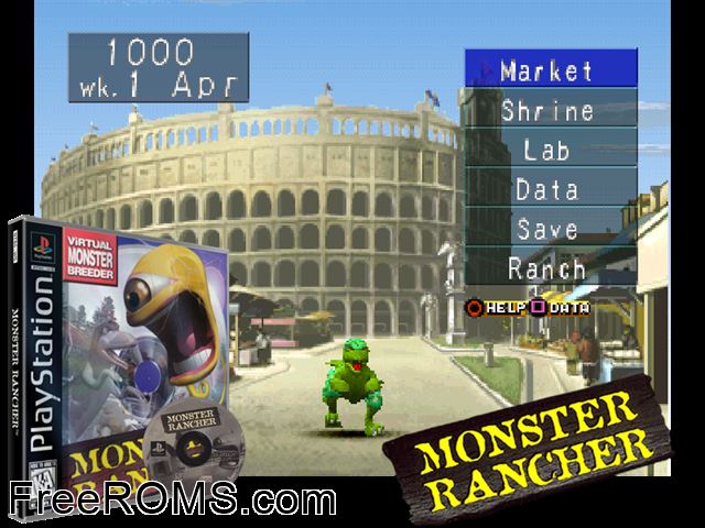 Monster Rancher PSX game showing 3D box cover and gameplay screenshot