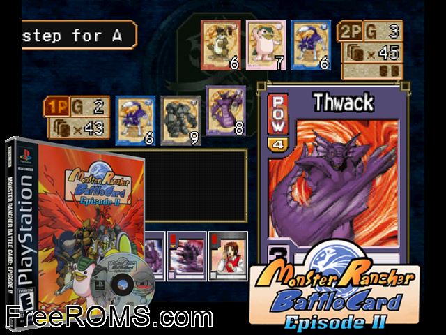 Monster Rancher - Battle Card - Episode II PSX game showing 3D box cover and gameplay screenshot