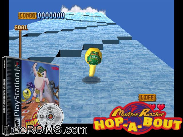 Monster Rancher Hop-a-Bout PSX game showing 3D box cover and gameplay screenshot