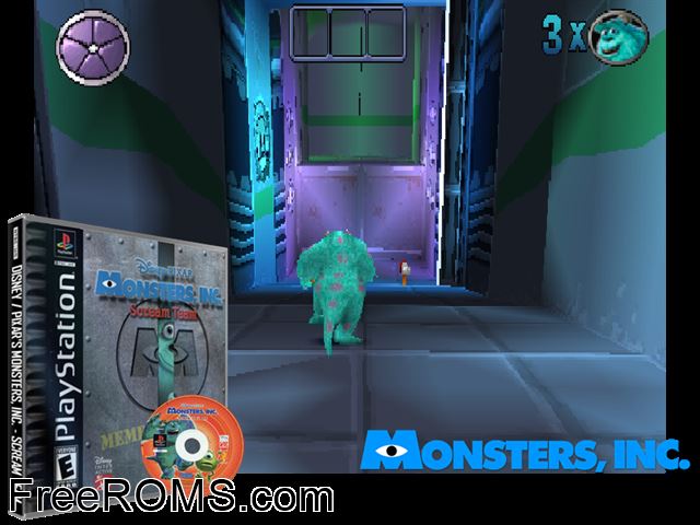 Monsters Inc. - Scream Team PSX game showing 3D box cover and gameplay screenshot